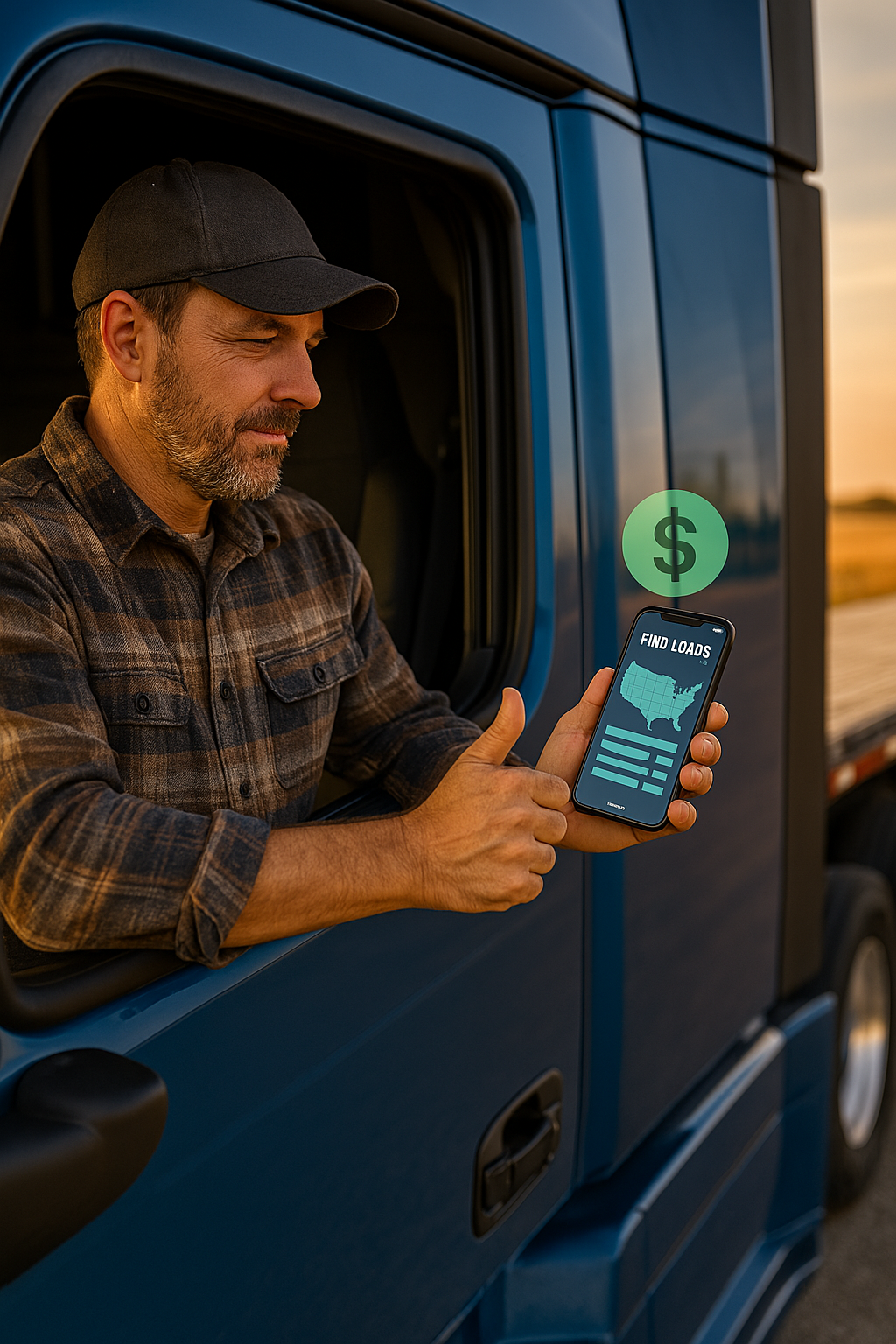 Truck driver checking smartphone for available US loads inside his blue semi-truck during golden hour