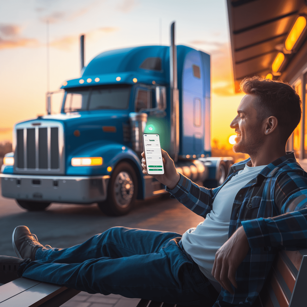 Happy truck driver getting paid after hauling a load successfully